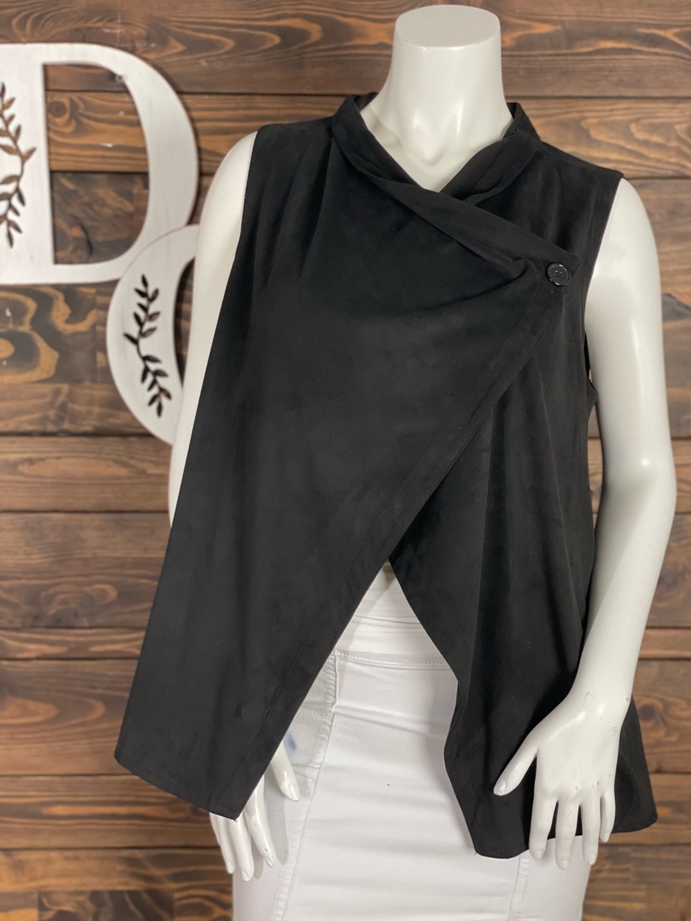 Jack by BB Dakota | Suede Black Draped Sleeveless Jacket Vest Single Button